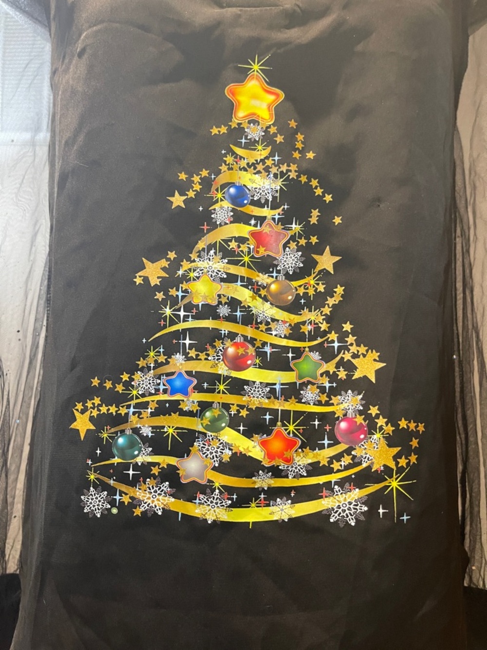 chic Black Sheer-Sleeve Top with Holiday Tree Graphic, Size Small - Picture 2 of 12